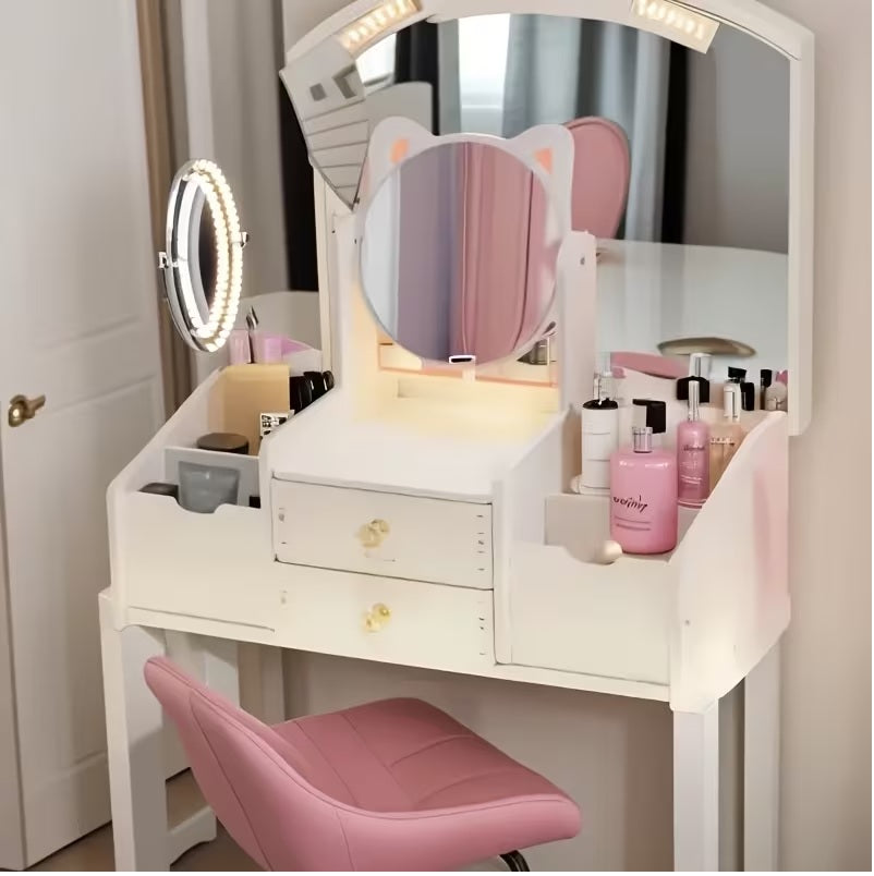 White and Pink Modern Dressing Table with Mirror -