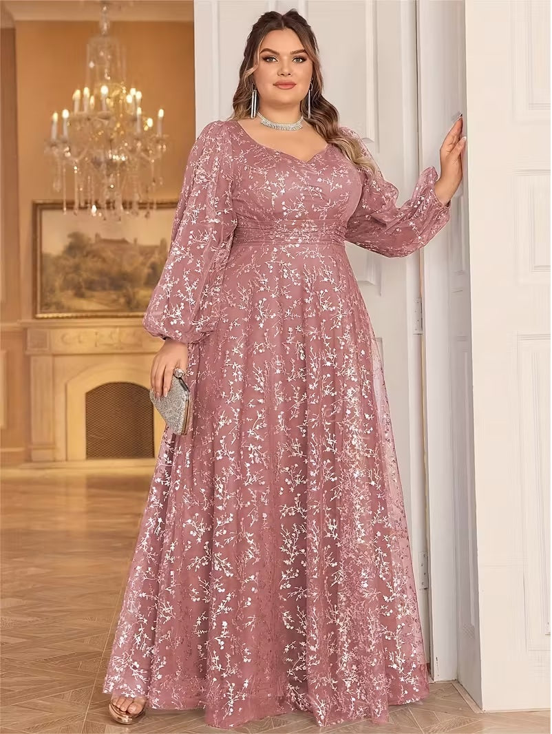 Elegant Plus Size V-Neck Gown With Latern Sleeves And Flowing Train