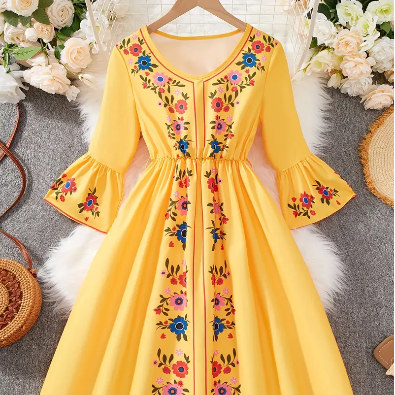 Girls' Bohemian Floral Print Dress with Bell Sleeves