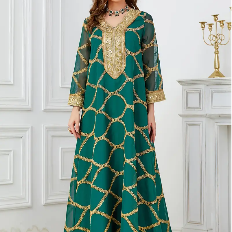 Ramadan Dubai Sequin Patchwork Striped Long Kaftan Muslim