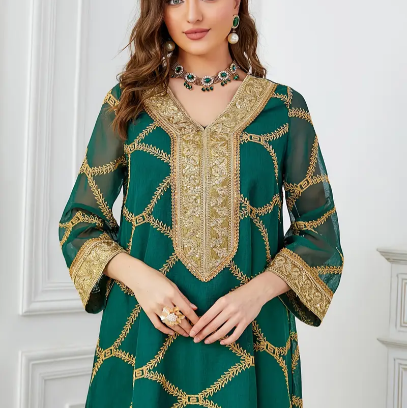 Ramadan Dubai Sequin Patchwork Striped Long Kaftan Muslim