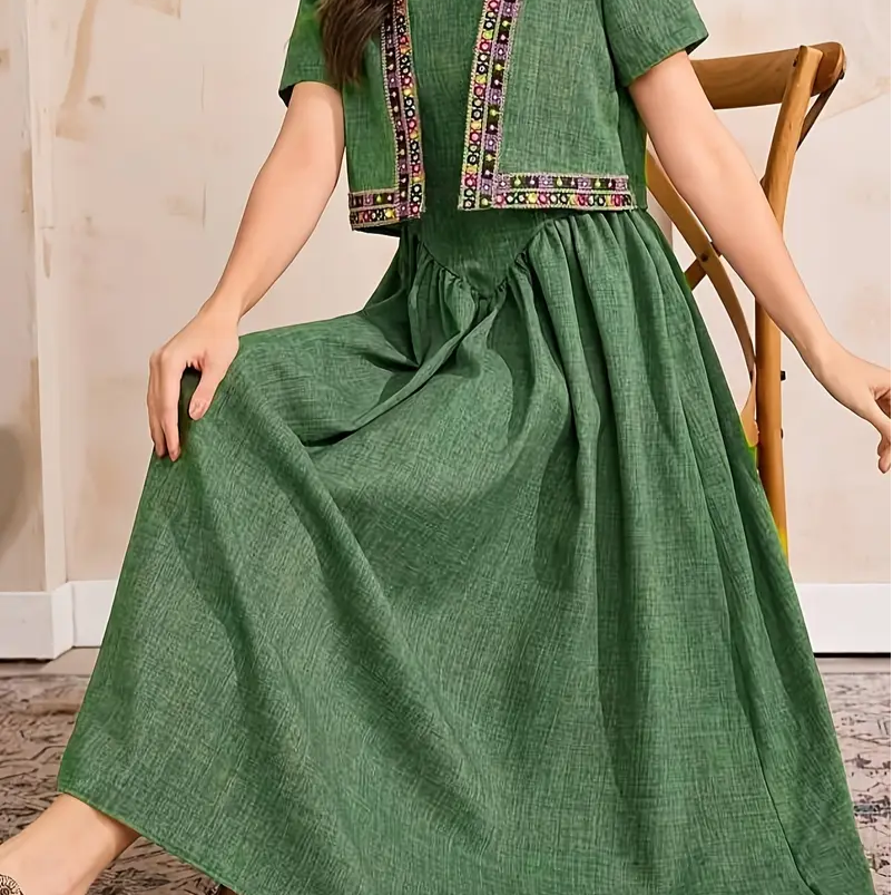 Middle Eastern Elegant Embroidered Lace Short Jacket and Loose Long Skirt Set