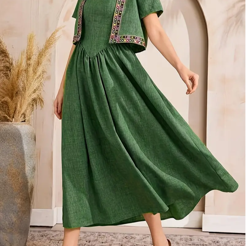 Middle Eastern Elegant Embroidered Lace Short Jacket and Loose Long Skirt Set