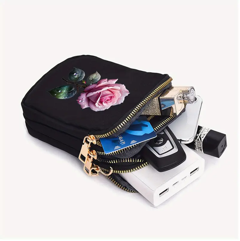 Stylish Black Crossbody Bag with Pink Rose Design