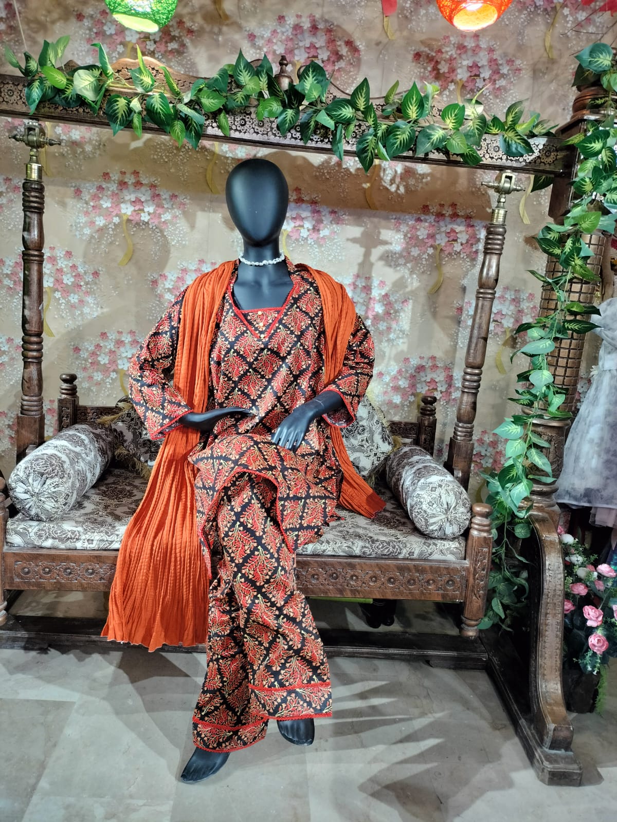 Black and orange floral lawn dress