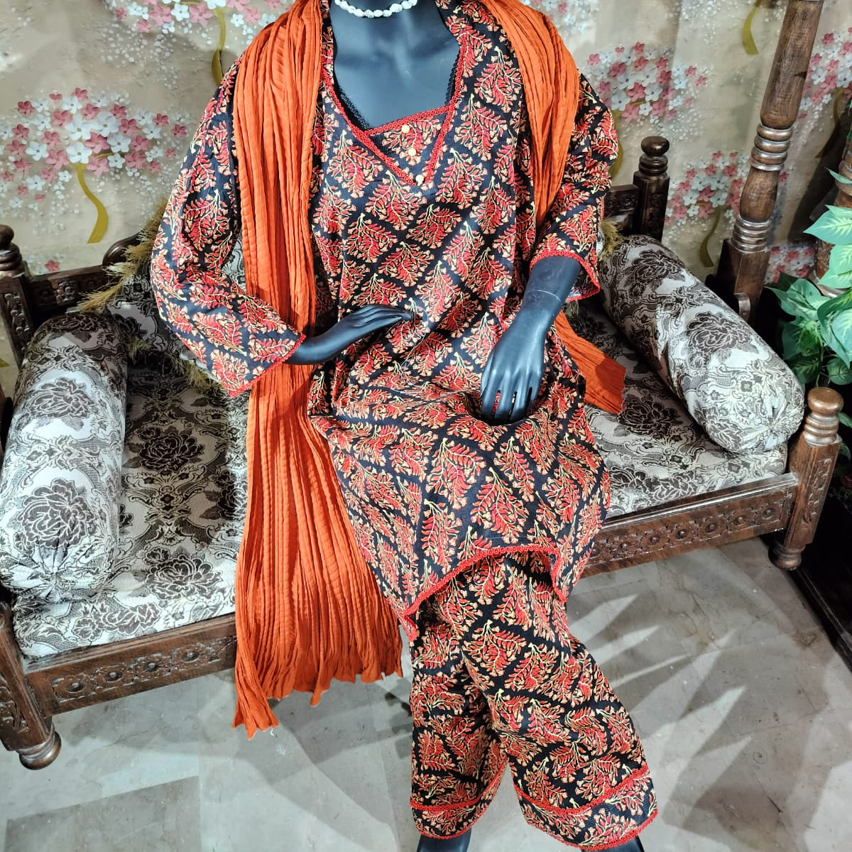 Black and orange floral lawn dress