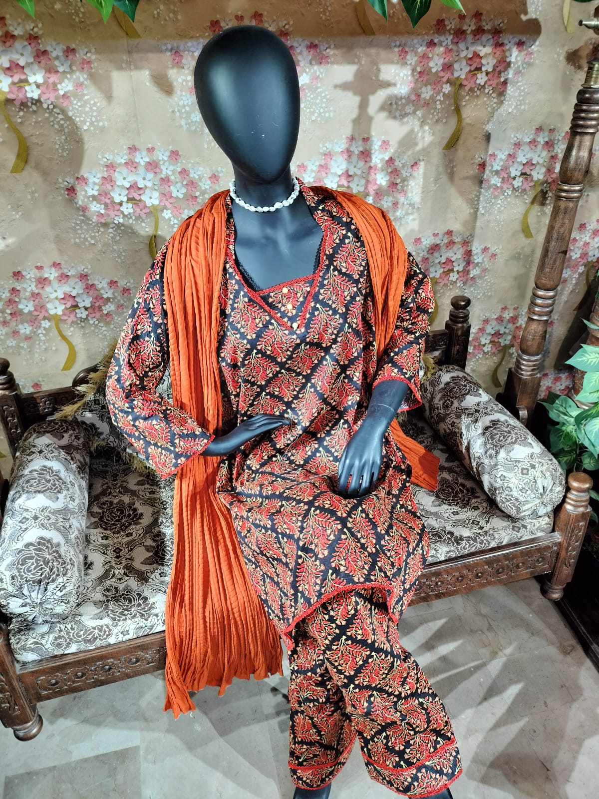 Black and orange floral lawn dress