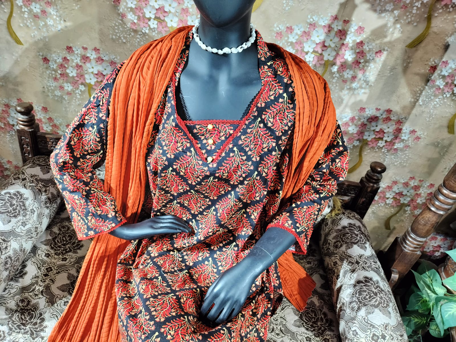 Black and orange floral lawn dress