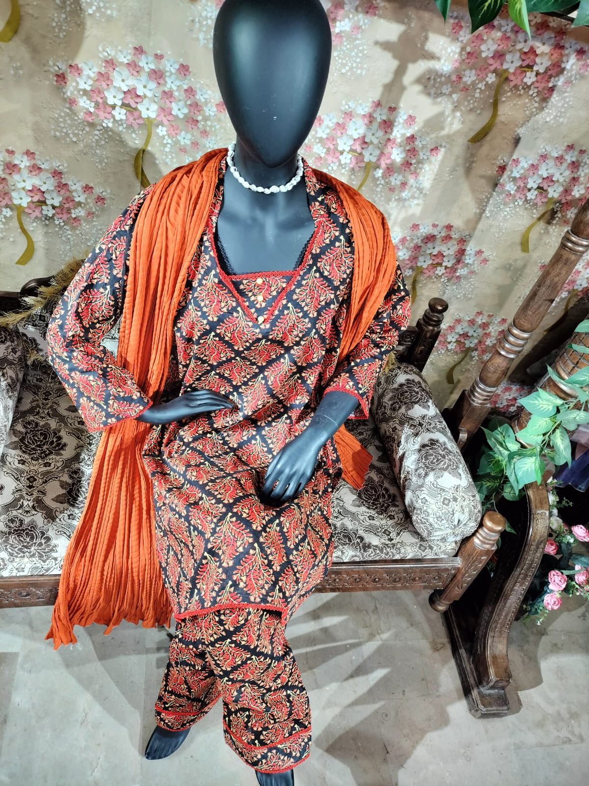 Black and orange floral lawn dress