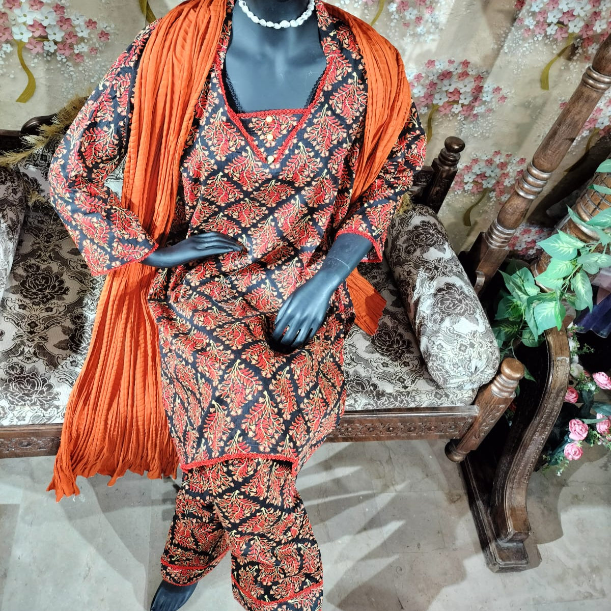 Black and orange floral lawn dress