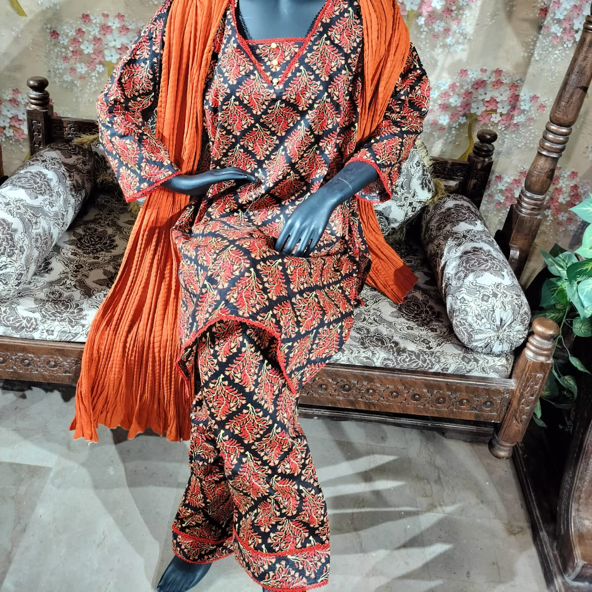 Black and orange floral lawn dress
