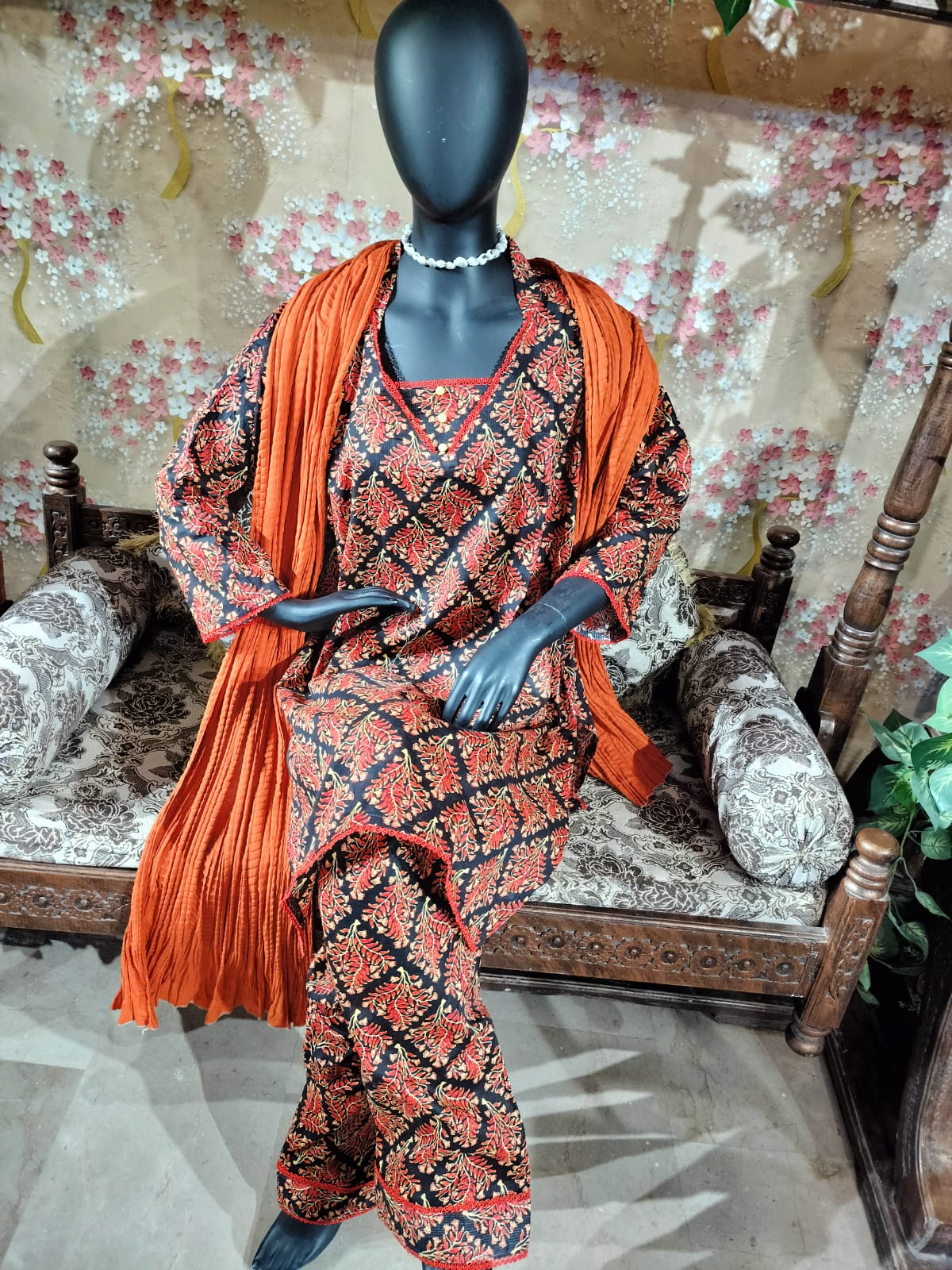 Black and orange floral lawn dress