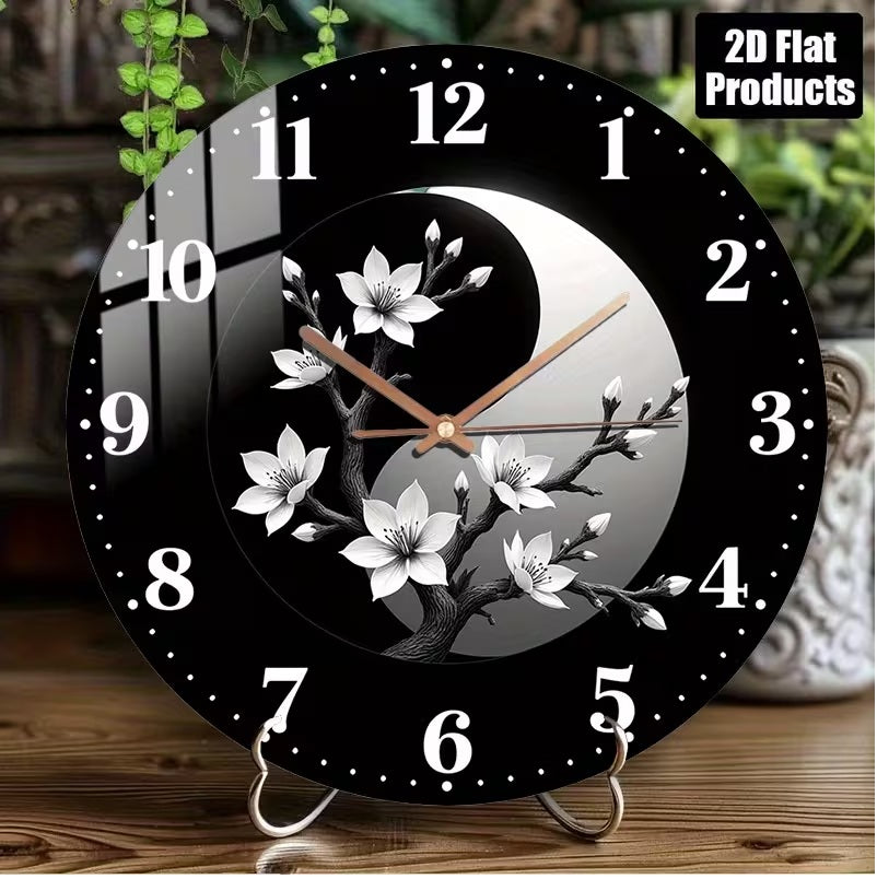 Modern Minimalist Black and White Asian Inspired Glass Wall Clock