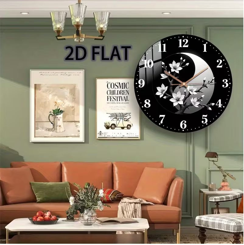 Modern Minimalist Black and White Asian Inspired Glass Wall Clock