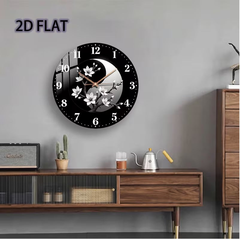 Modern Minimalist Black and White Asian Inspired Glass Wall Clock