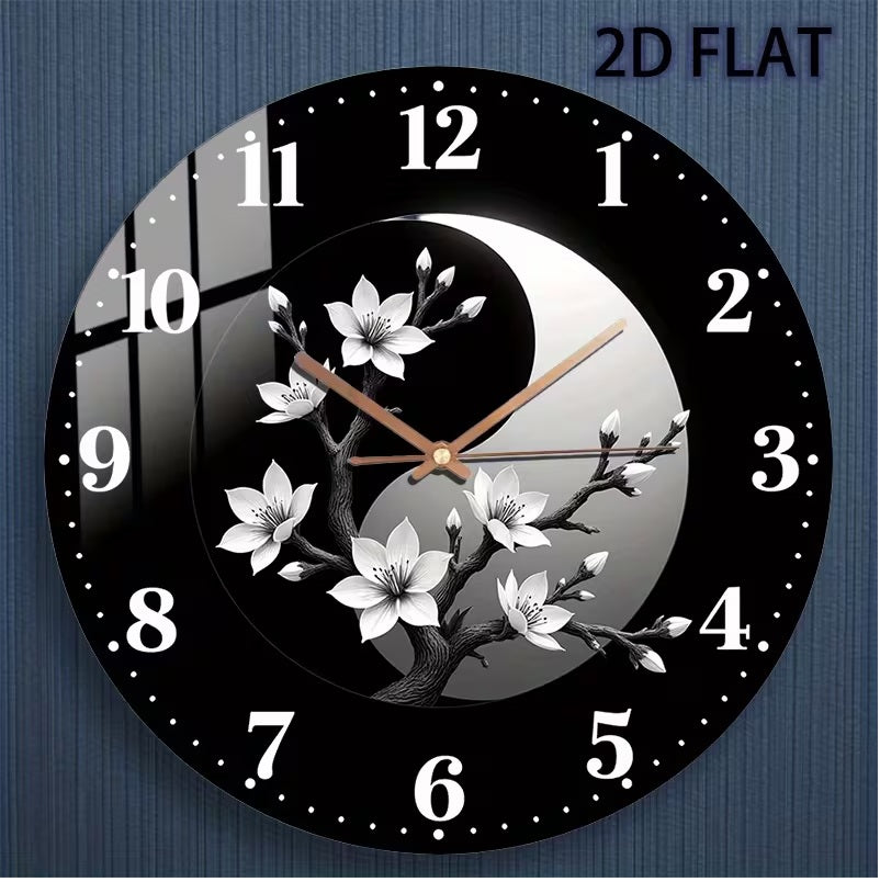 Modern Minimalist Black and White Asian Inspired Glass Wall Clock