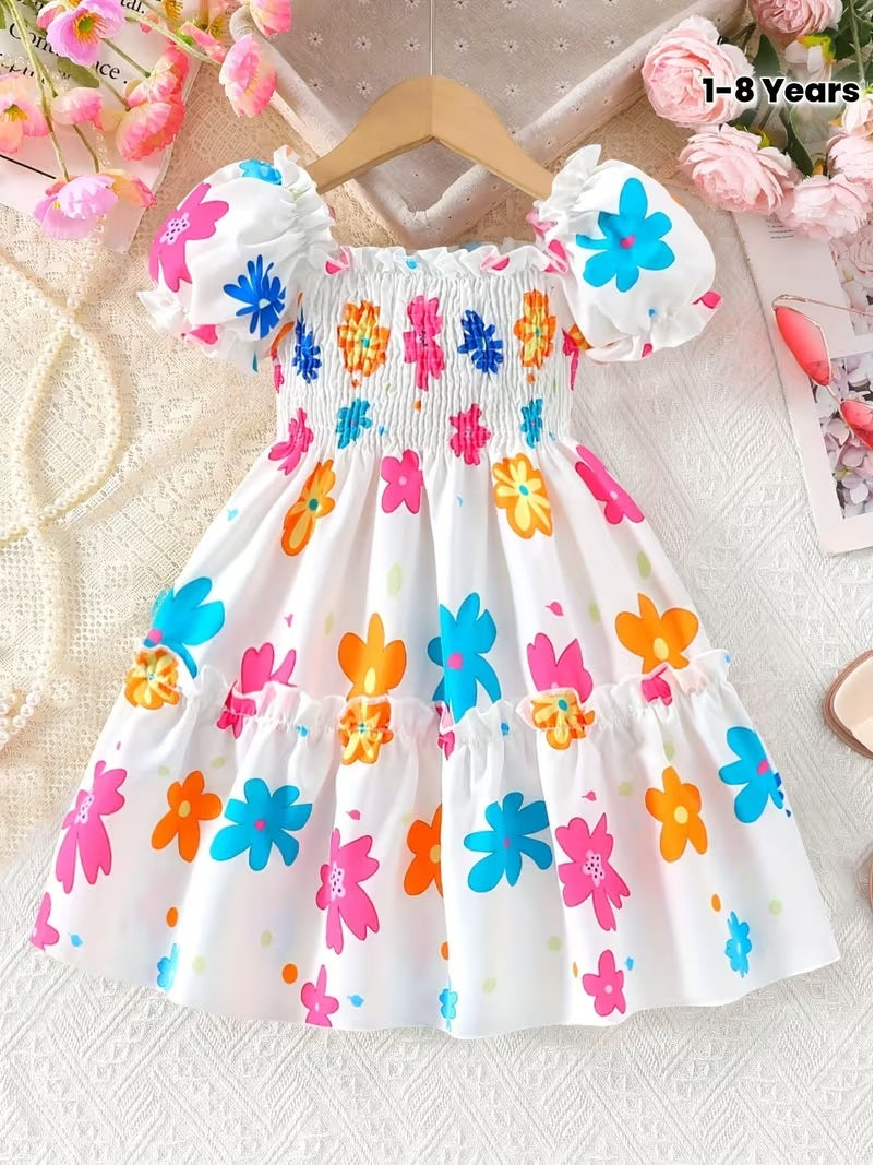 Floral Print Smock Dress With Puff Sleeves and Ruffled Hem