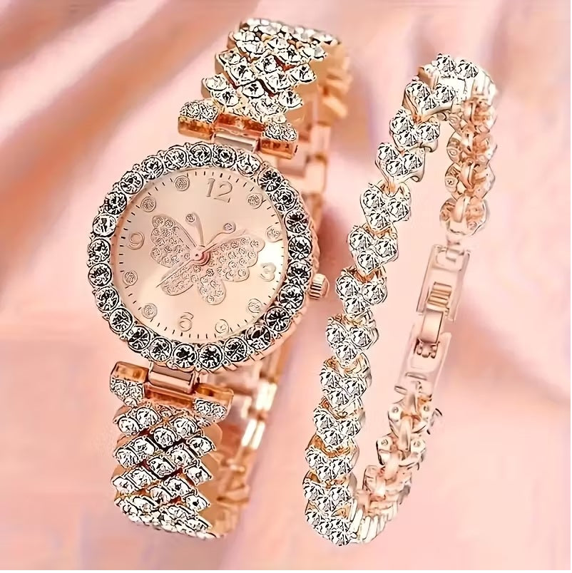 2pcs Elegant Butterfly Quartz Watch & Ladies Jewelry Set -
