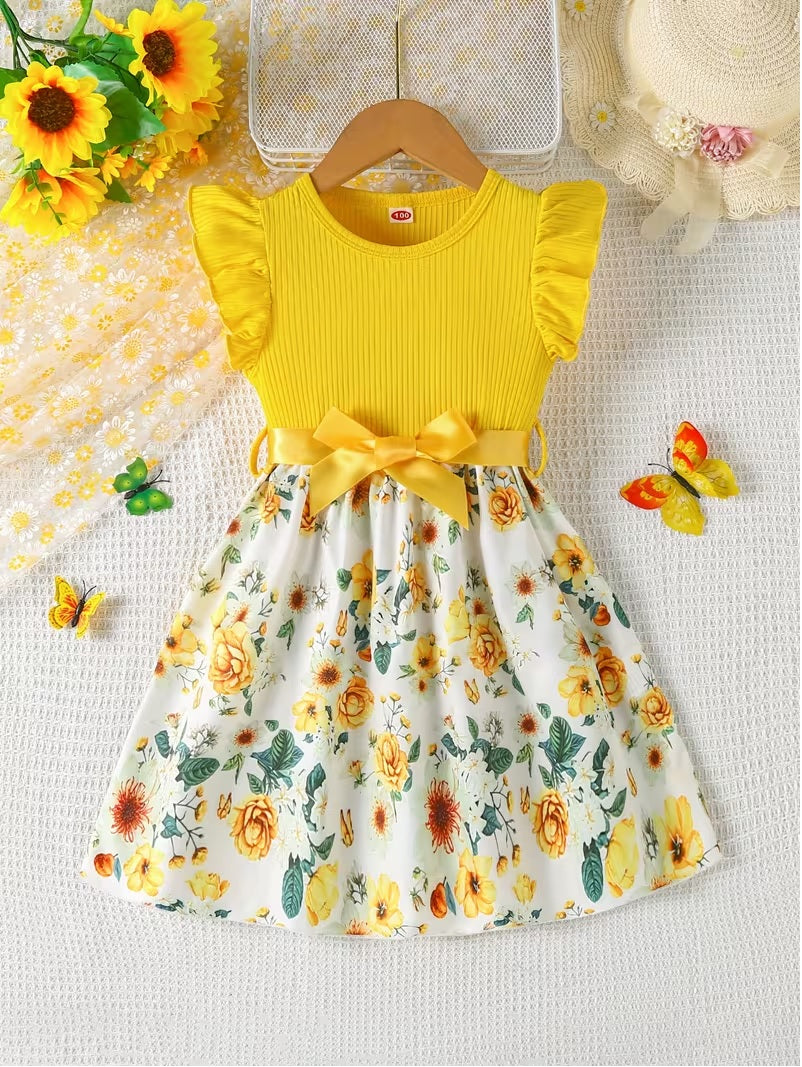 Girls Vibrant Yellow and White Puff Sleeve Smock Dress