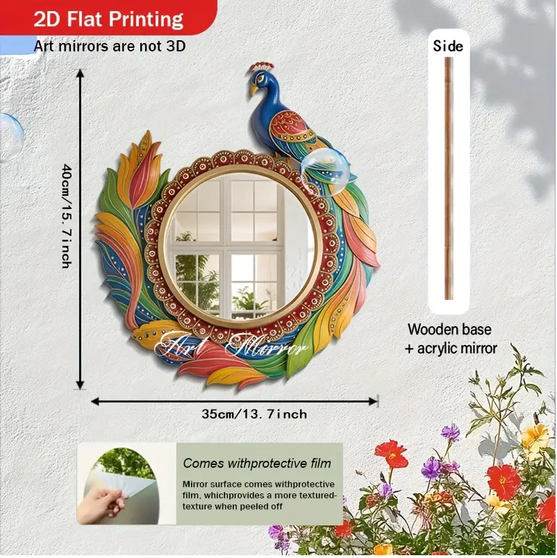 2D Flat, 1pc Bohemian Peacock Wall Mirror