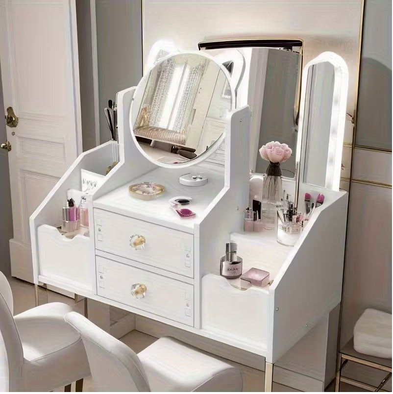 White and Pink Modern Dressing Table with Mirror -