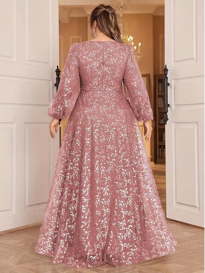 Elegant Plus Size V-Neck Gown With Latern Sleeves And Flowing Train