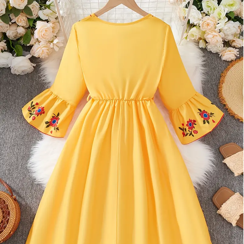 Girls' Bohemian Floral Print Dress with Bell Sleeves