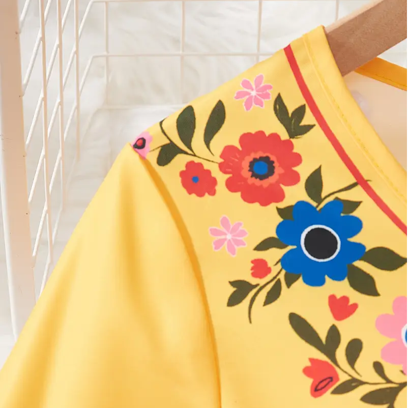 Girls' Bohemian Floral Print Dress with Bell Sleeves