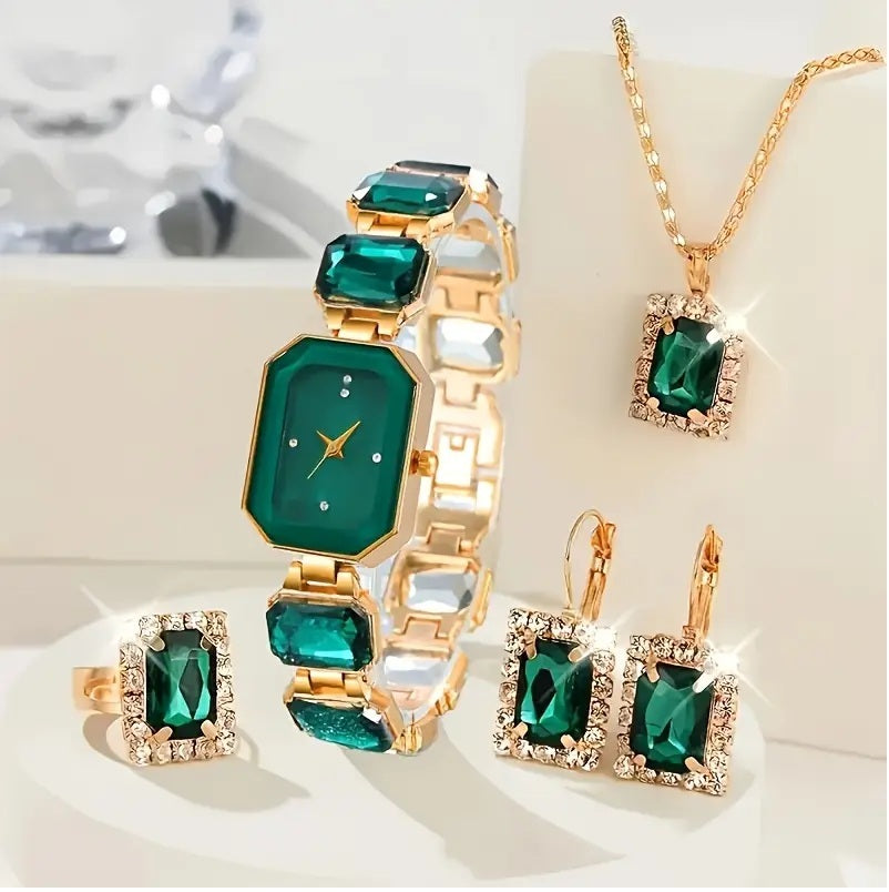 4 PCS Set Luxury Watch  Necklace  Women Ring Earrings