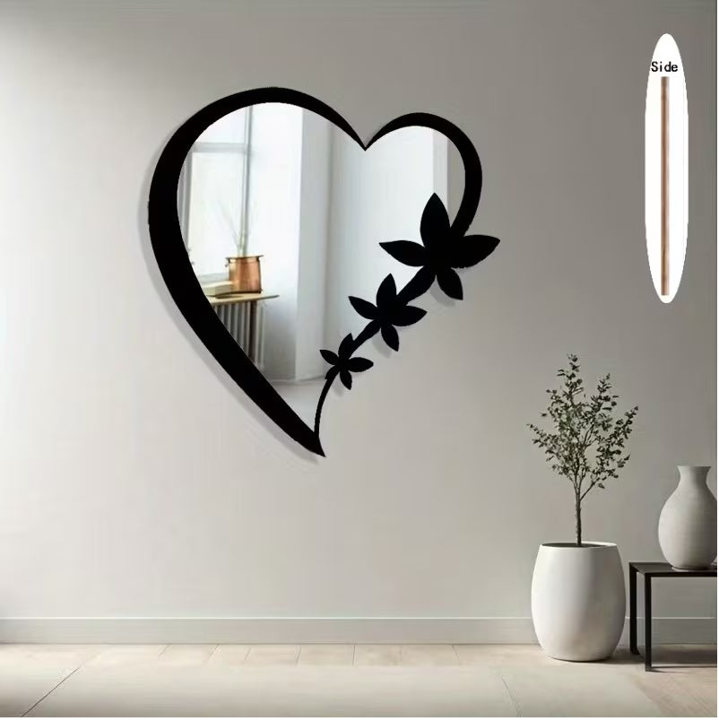 Floral Heart-Shaped Acrylic Mirror Wall Decor -