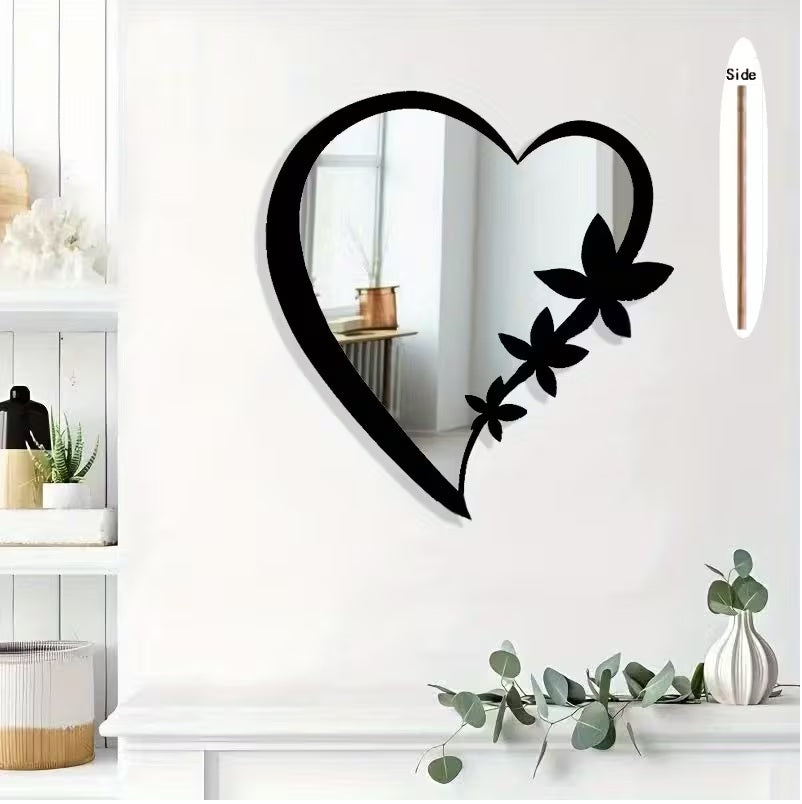 Floral Heart-Shaped Acrylic Mirror Wall Decor -