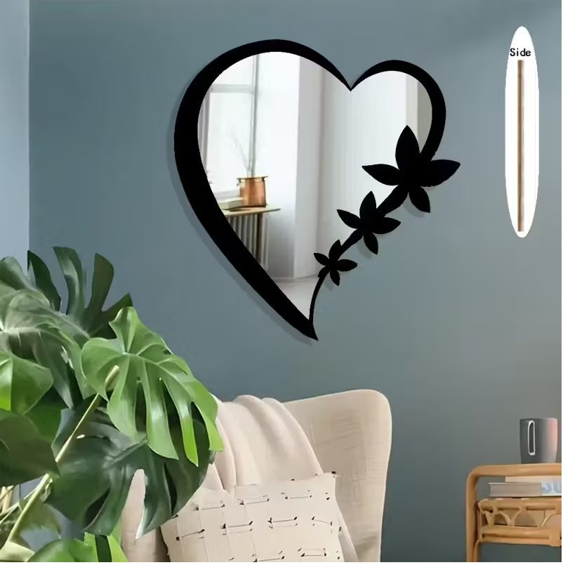 Floral Heart-Shaped Acrylic Mirror Wall Decor -