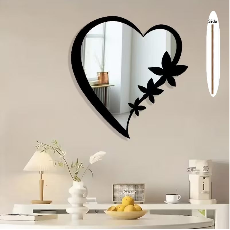 Floral Heart-Shaped Acrylic Mirror Wall Decor -