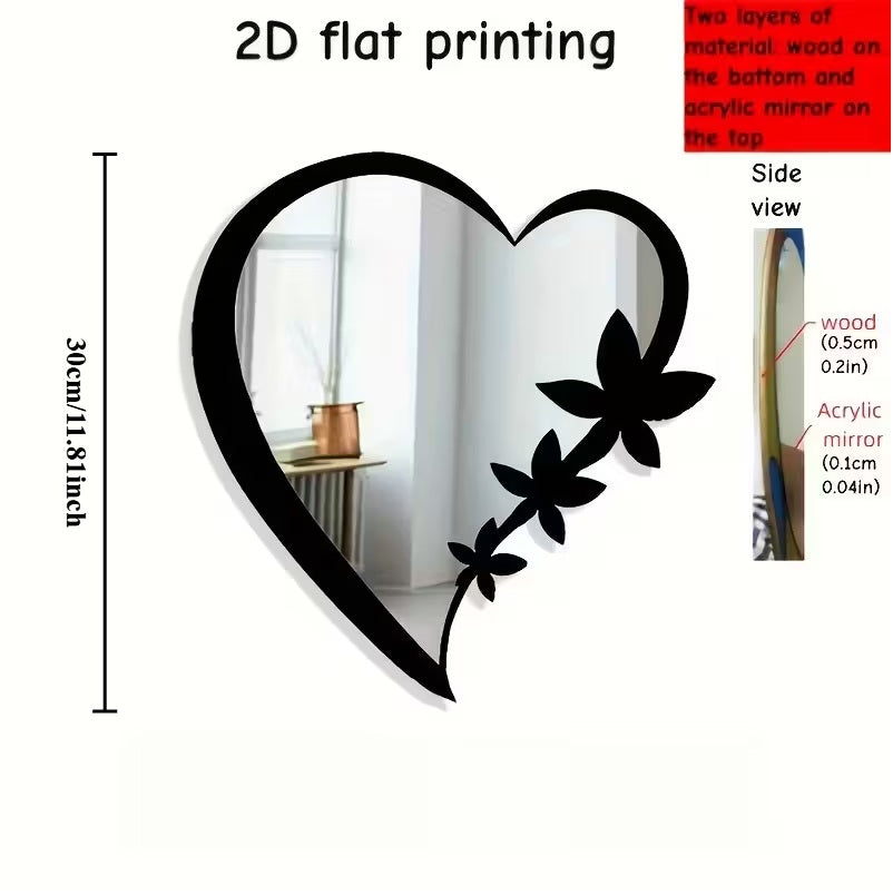 Floral Heart-Shaped Acrylic Mirror Wall Decor -