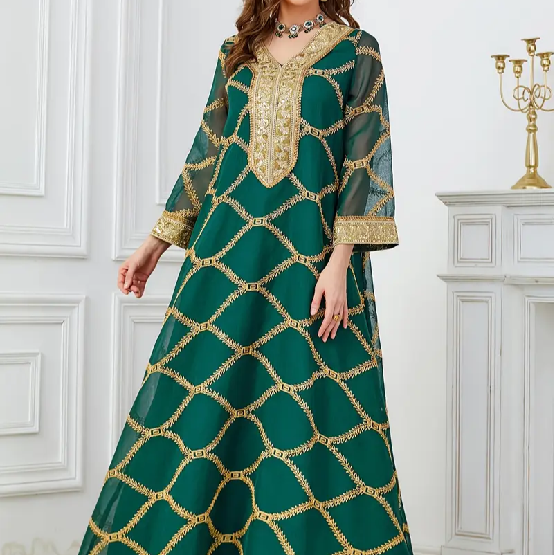 Ramadan Dubai Sequin Patchwork Striped Long Kaftan Muslim