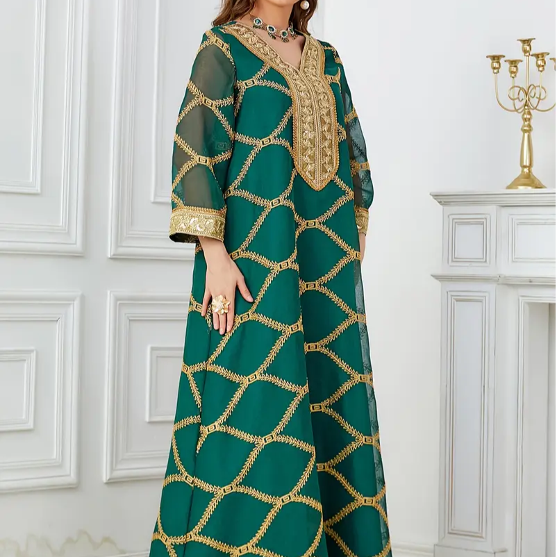 Ramadan Dubai Sequin Patchwork Striped Long Kaftan Muslim