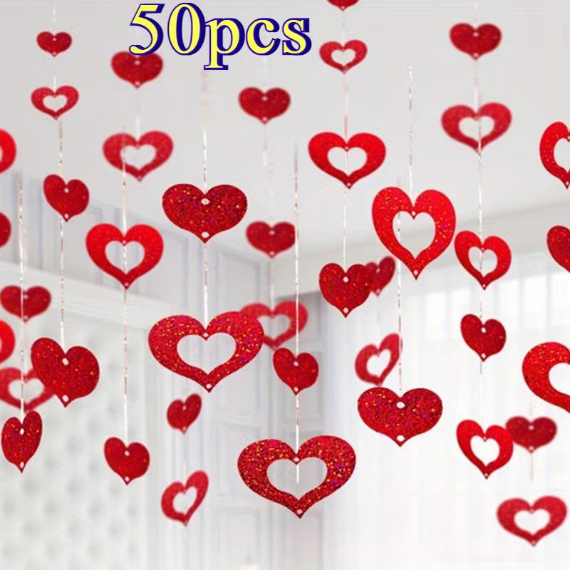 Red Heart Decorations - Glossy Heart Pendant Charms with Hanging Strings for Wedding, Valentine's, Party, Home