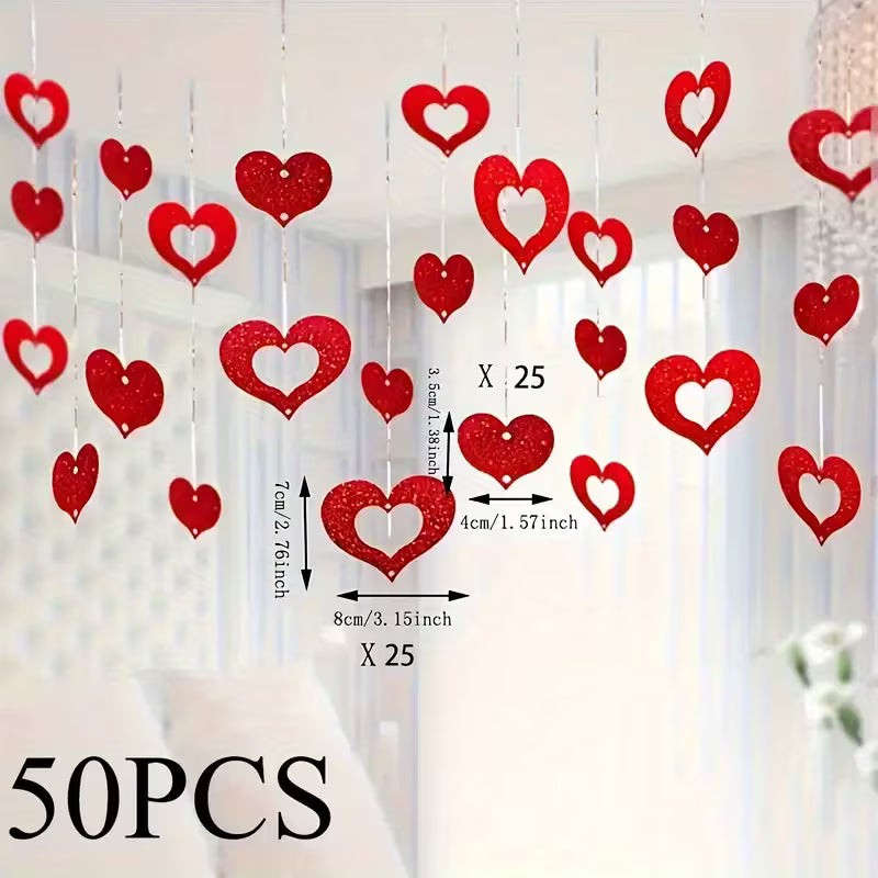 Red Heart Decorations - Glossy Heart Pendant Charms with Hanging Strings for Wedding, Valentine's, Party, Home