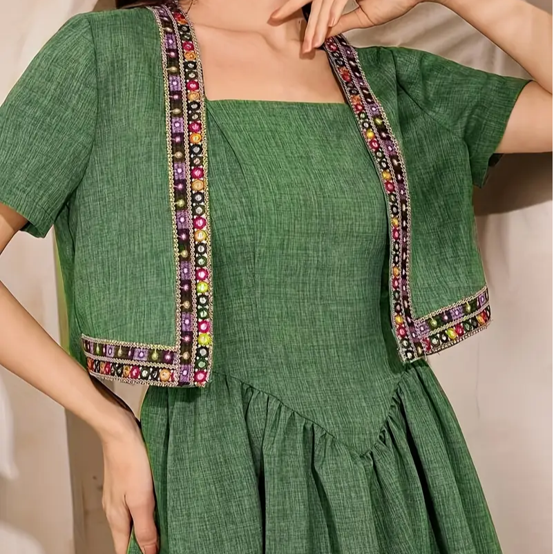 Middle Eastern Elegant Embroidered Lace Short Jacket and Loose Long Skirt Set