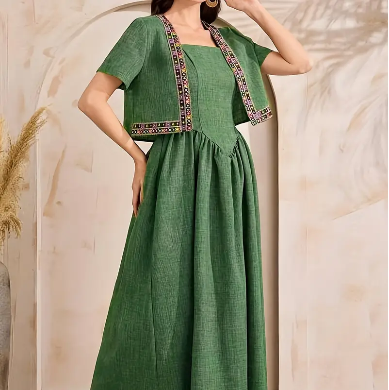 Middle Eastern Elegant Embroidered Lace Short Jacket and Loose Long Skirt Set