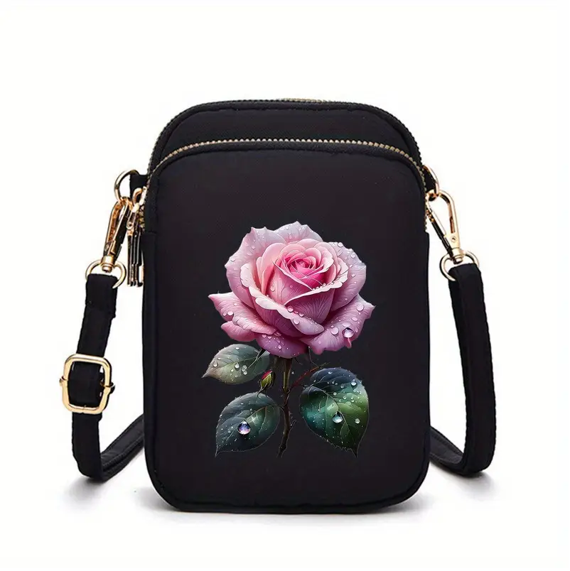 Stylish Black Crossbody Bag with Pink Rose Design
