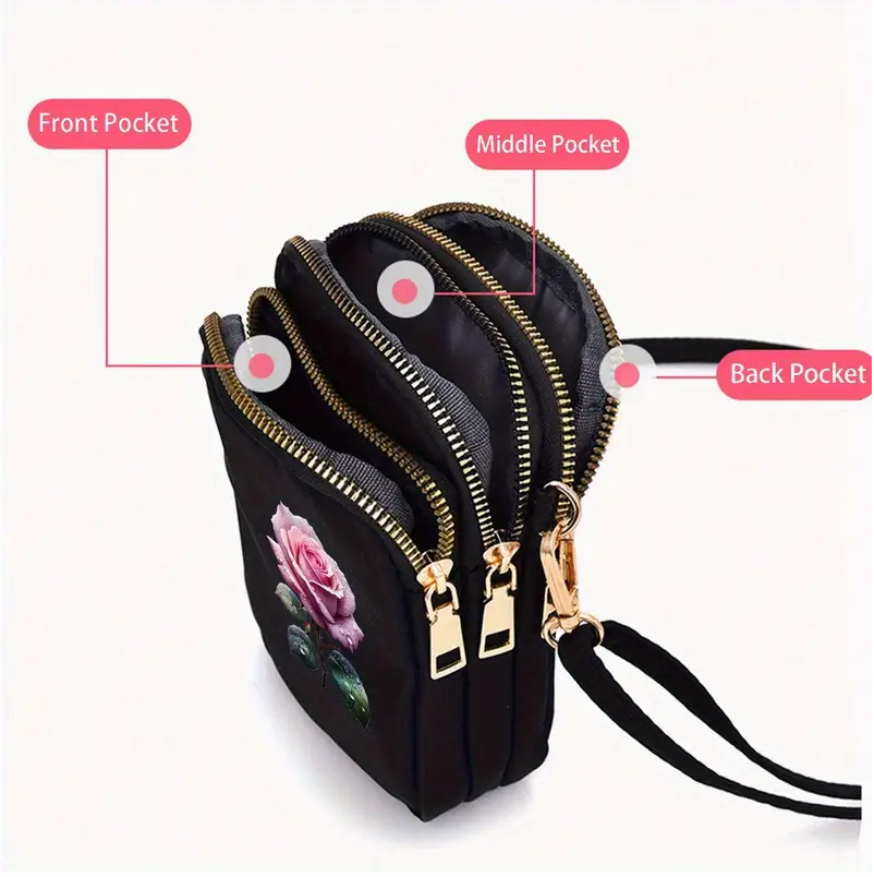 Stylish Black Crossbody Bag with Pink Rose Design