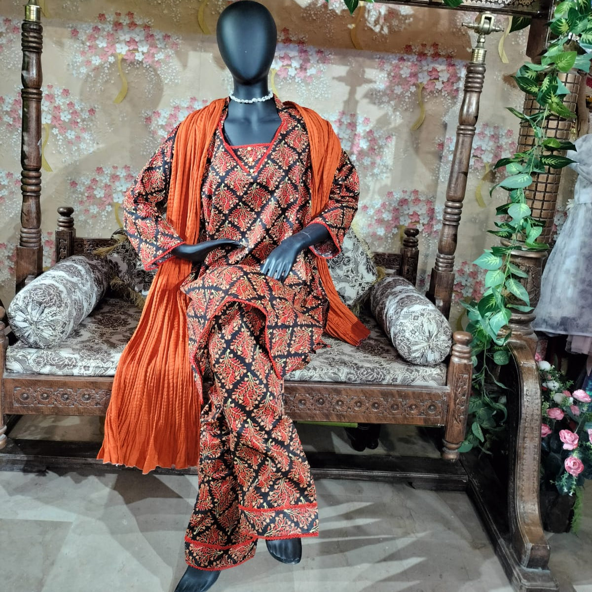 Black and orange floral lawn dress
