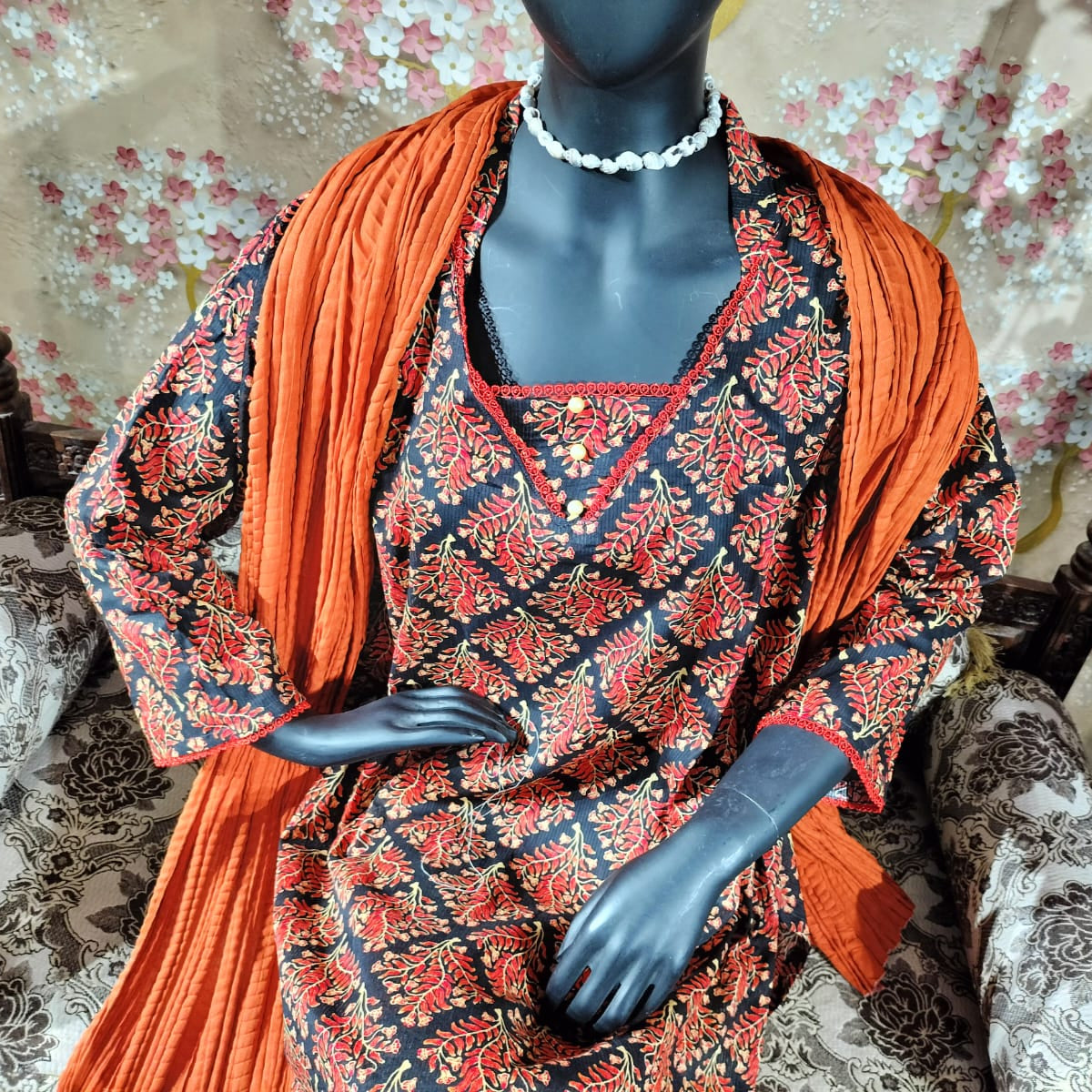 Black and orange floral lawn dress