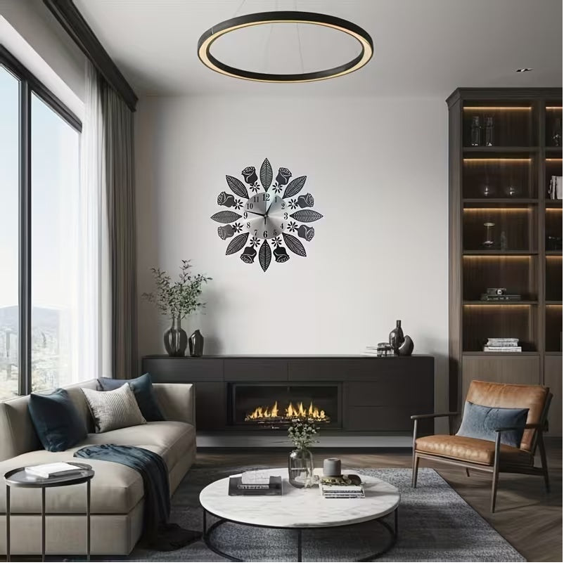 1pc Modern Minimalist Round Wall Clock with Elegant Floral Design