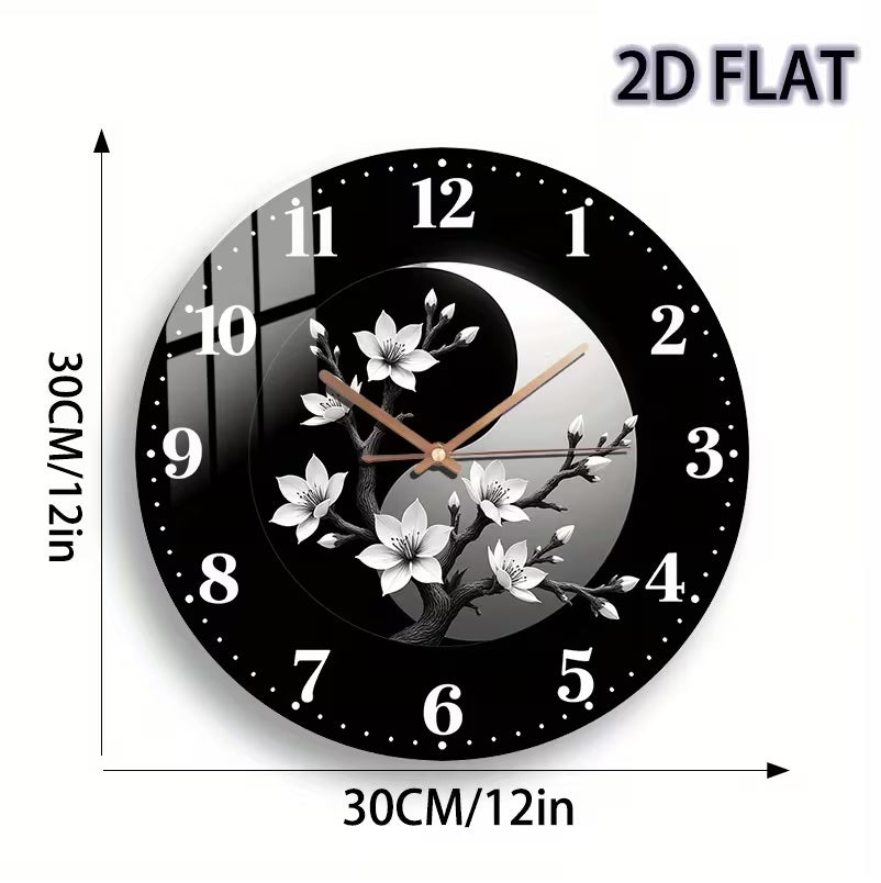 Modern Minimalist Black and White Asian Inspired Glass Wall Clock
