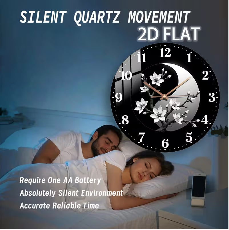 Modern Minimalist Black and White Asian Inspired Glass Wall Clock