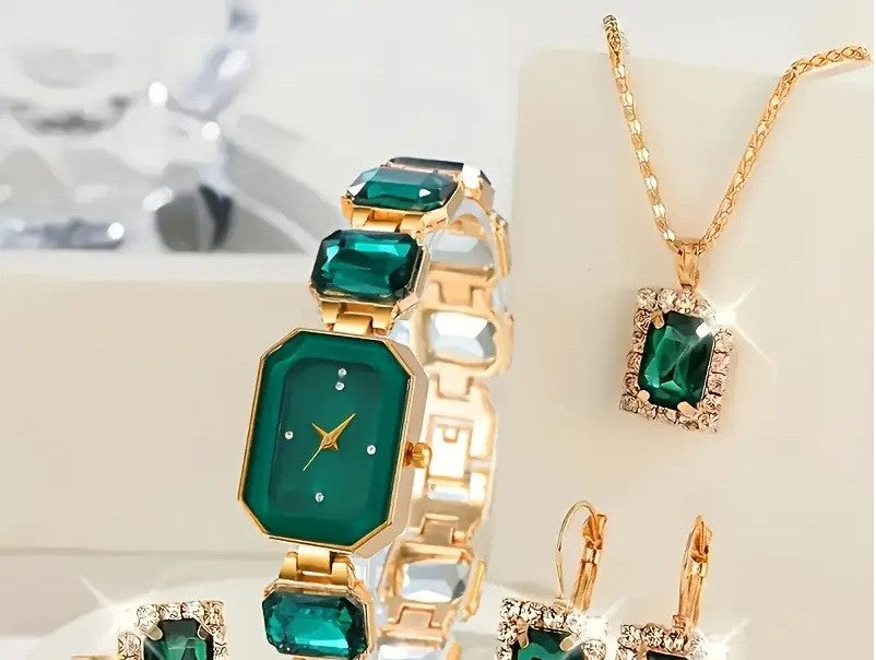 4 PCS Set Luxury Watch  Necklace  Women Ring Earrings