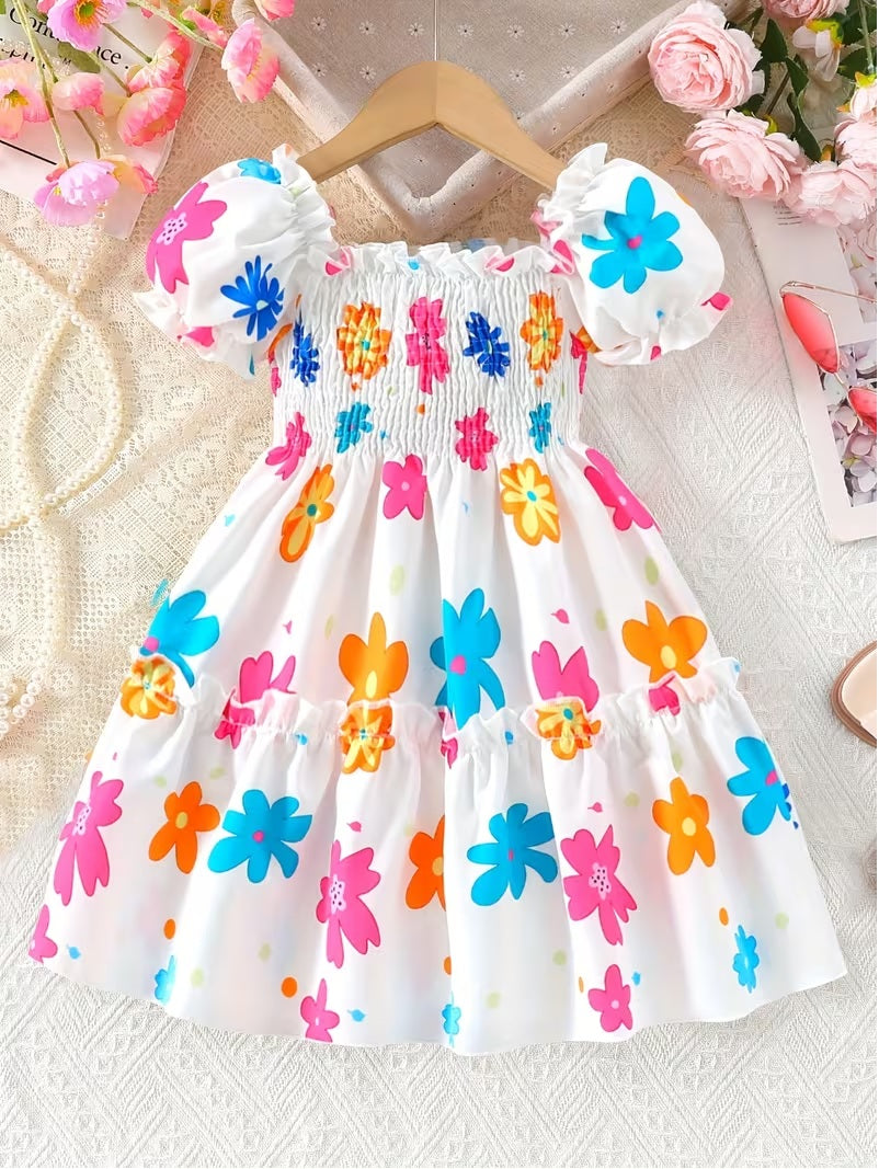 Floral Print Smock Dress With Puff Sleeves and Ruffled Hem