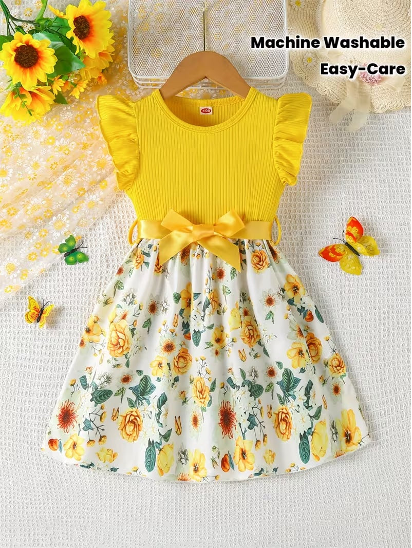 Girls Vibrant Yellow and White Puff Sleeve Smock Dress
